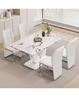 Table and chair set, modern luxurious white imitation marble pattern MDF dining table, rectangular dining table, matched with uniquely shaped PU high backrest seats, Suitable for various occasions.