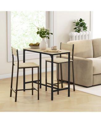 3 Piece Bar Table and Chairs, Industrial Dining Table Set for 2, Counter Height Kitchen Table with Bar Stools, Breakfast Table Set for 2 for Small Space, Oak