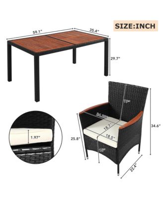 7-Piece Outdoor Patio Dining Set, Garden PE Rattan Wicker Dining Table and Chairs Set, Acacia Wood Tabletop, Stackable Armrest Chairs with Cushions, Reddish-brown