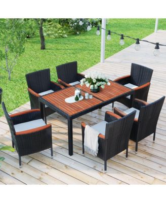 7-Piece Outdoor Patio Dining Set, Garden PE Rattan Wicker Dining Table and Chairs Set, Acacia Wood Tabletop, Stackable Armrest Chairs with Cushions, Reddish-brown