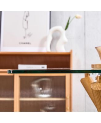 Simplie Fun Large Modern Minimalist Rectangular Glass Dining Table for 6-8 with 0.39" Tempered Glass Tabletop and Wood Color Metal Legs, for Kitchen Dining Living Meeting Room Banquet hall