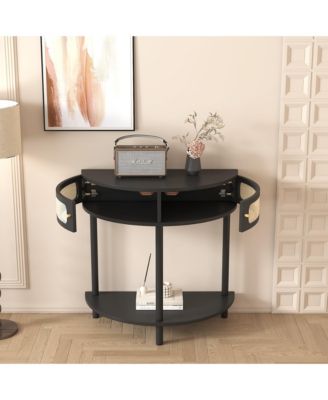 Semicircle Sofa Side Table with Rattan Storage