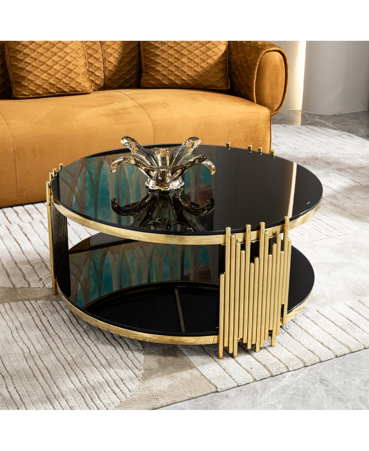Streamdale Furniture double layer black tempered glass top stainless steel round coffee table for living room
