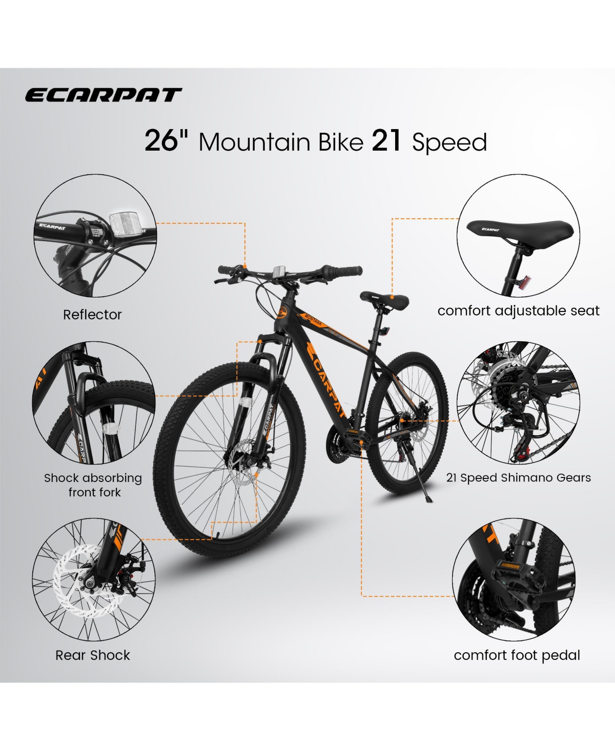 Streamdale Furniture 26-inch mountain bike adult aluminum frame shock absorbing front fork bike 21-speed disc brake mountain bike - Black+orange