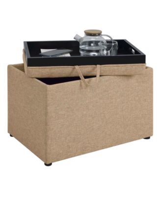 22.75" Faux Linen Accent Storage Ottoman with Tray