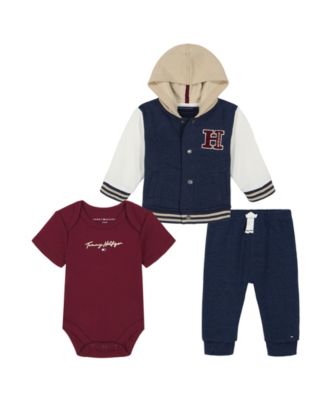 Baby Boy Fleece Hooded Baseball Jacket Short Sleeve Bodysuit and Joggers 3 Piece Set