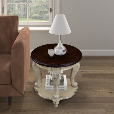Two Tone Round End Table, Shelf, Beige/Espresso