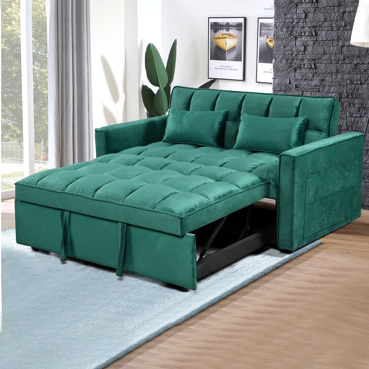 Streamdale Furniture Modern flannel double sofa with folding bed, small double sofa with three in one convertible sofa bed, adjustable backrest and st