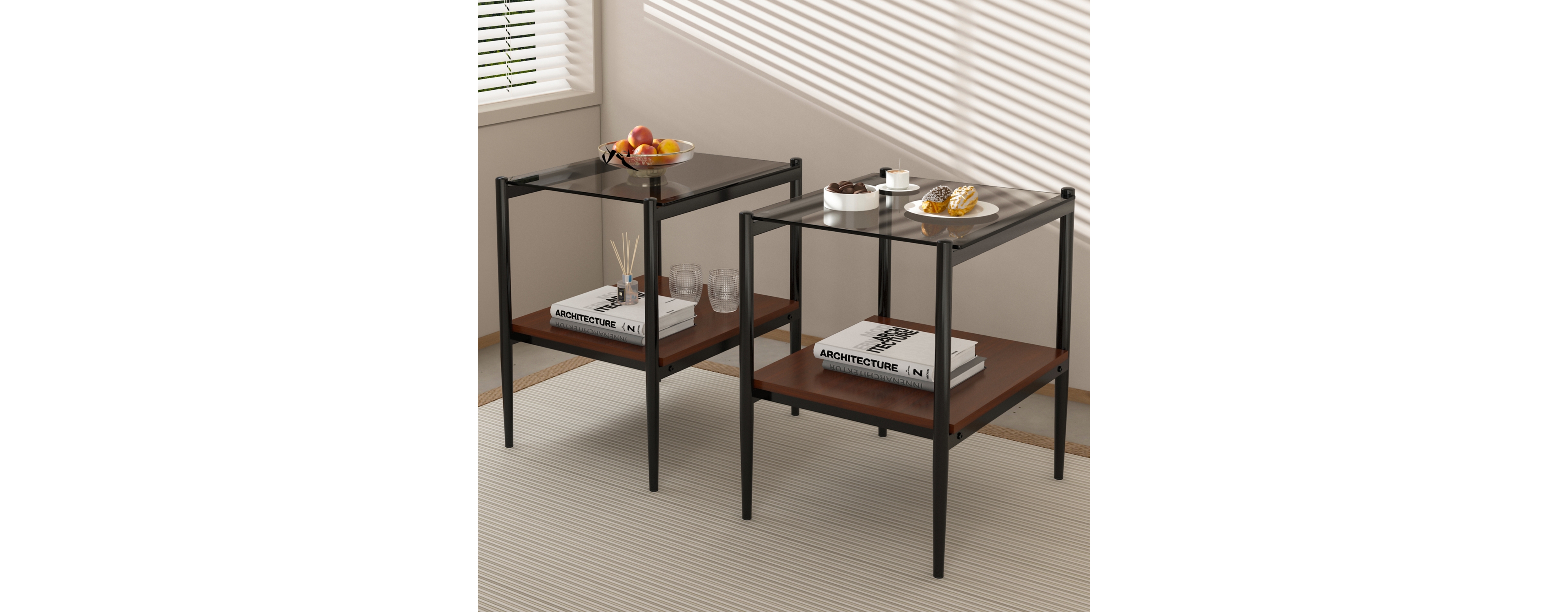 Streamdale Furniture Set of 2 Rectangle End Table, Tempered Glass Tabletop with Mdf layer, Modern Table for Living Room, Gray Glass