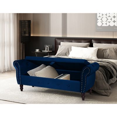 63-inch Storage Bench, modern velvet Ottoman, large capacity storage bench with armrest, suitable for living room, bedroom (H dark blue)