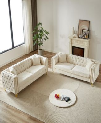 Chenille Pull Buckle Design Sofa for Living Room, Buttons Tufted With Copper Nail Decoration Armrest, Modern Couch Upholstered Button And Metal Legs