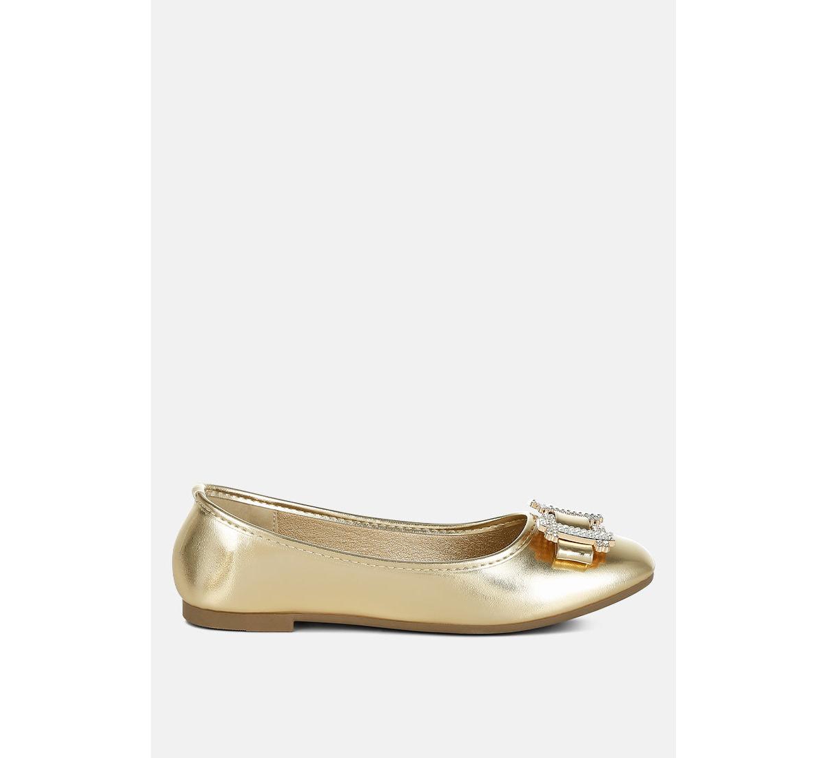 Navik Rhinestone Buckle Metallic Ballerinas - Gold