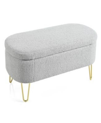 Oval Storage Bench for Living Room Bedroom End of Bed, Upholstered Storage Ottoman Entryway Bench With Metal Legs, Grey