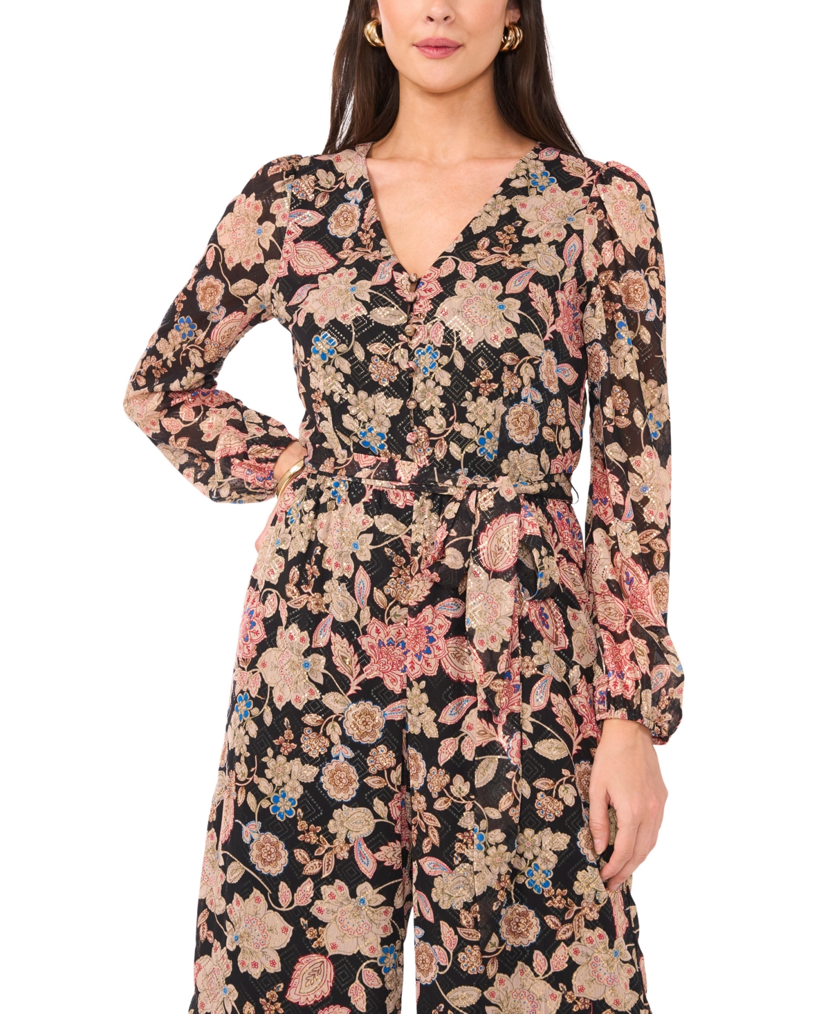 Vince Camuto Women's Printed V-Neck Long-Sleeve Jumpsuit