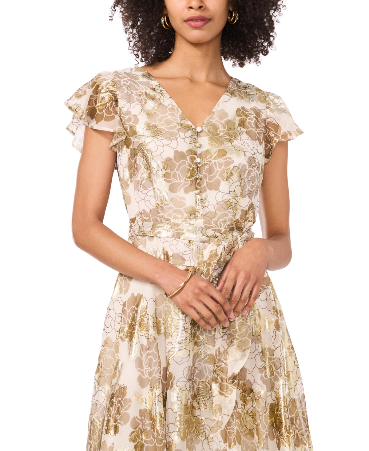 Vince Camuto Metallic Floral Print Flutter Midi Dress In Turtle Dove
