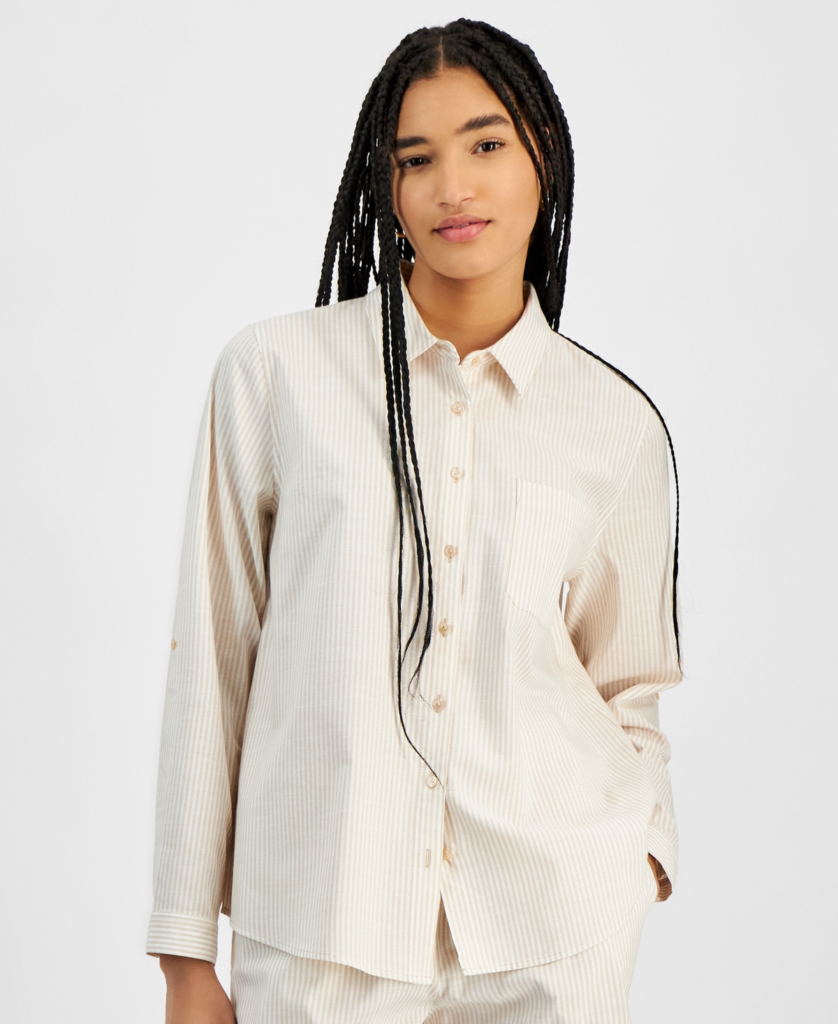 Hippie Rose Juniors' Button-front Long Sleeve Striped Shirt In Sand Stripe