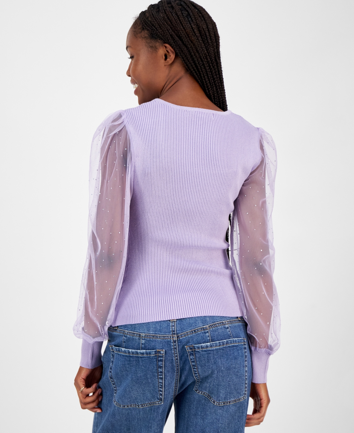 Madden Girl Juniors' Square-Neck Rhinestone-Sleeve Sweater