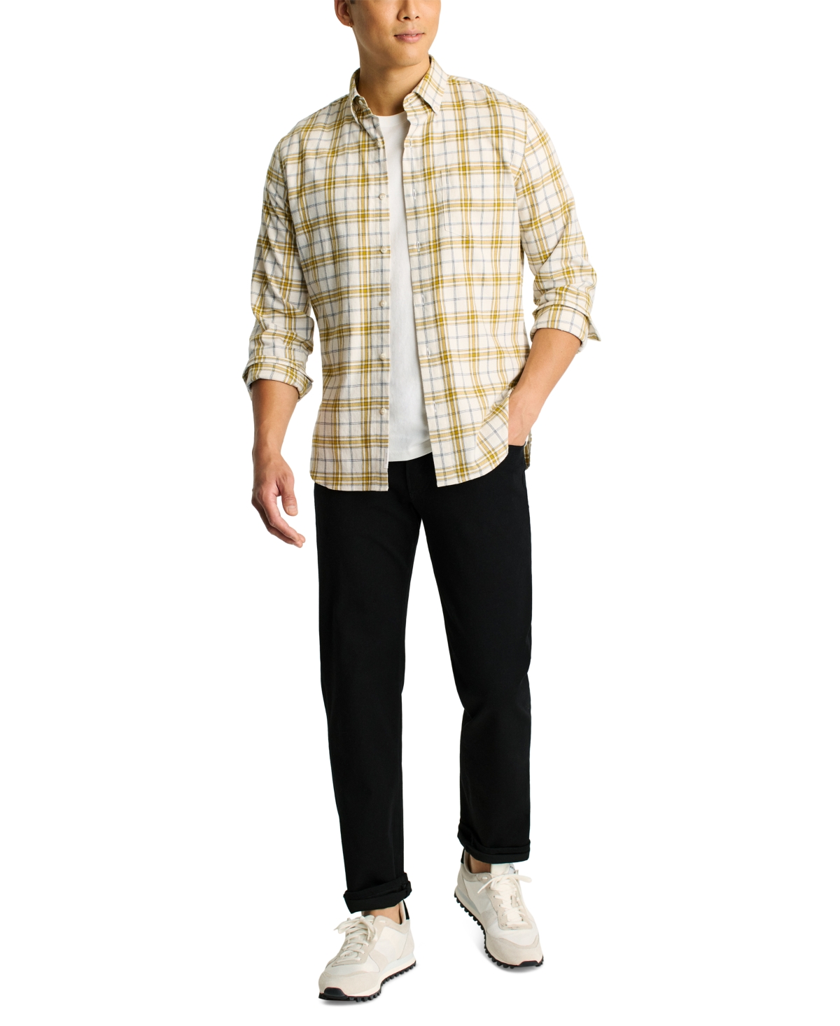 Men's Slim Fit Lightweight Long Sleeve Button-Down Plaid Flannel Shirt - Olive Khaki Plaid