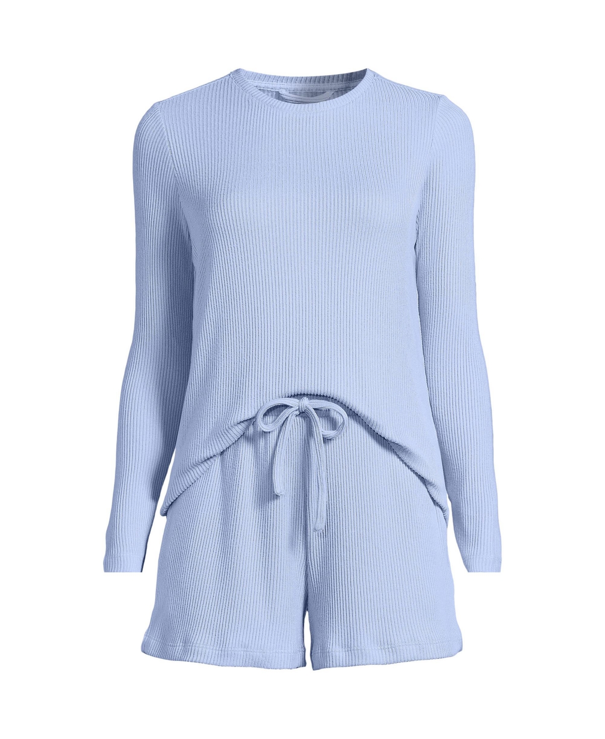 Lands' End Women's Cozy Brushed Rib 2 Piece Pajama Set - Long Sleeve Top and Shorts