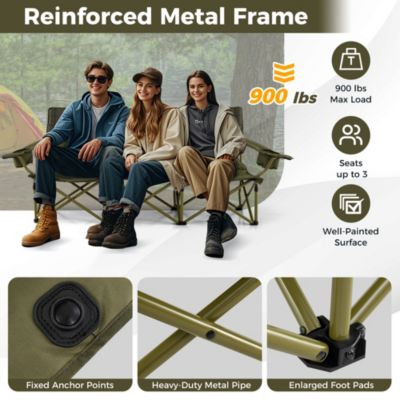 3 Person Folding Camping Chair Heavy-Duty Camp Couch with 2 Cup Holders Padding