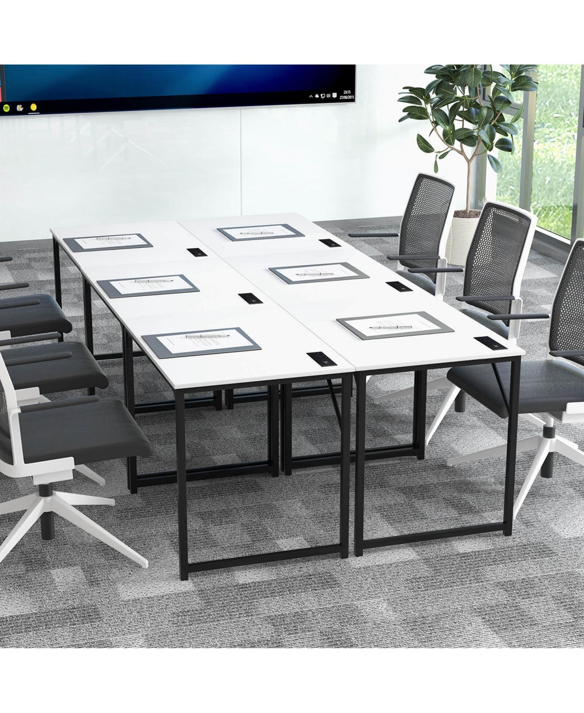 Costway 32" Meeting Room Desk Set of with Charging Station & Headphone Hook Metal Frame
