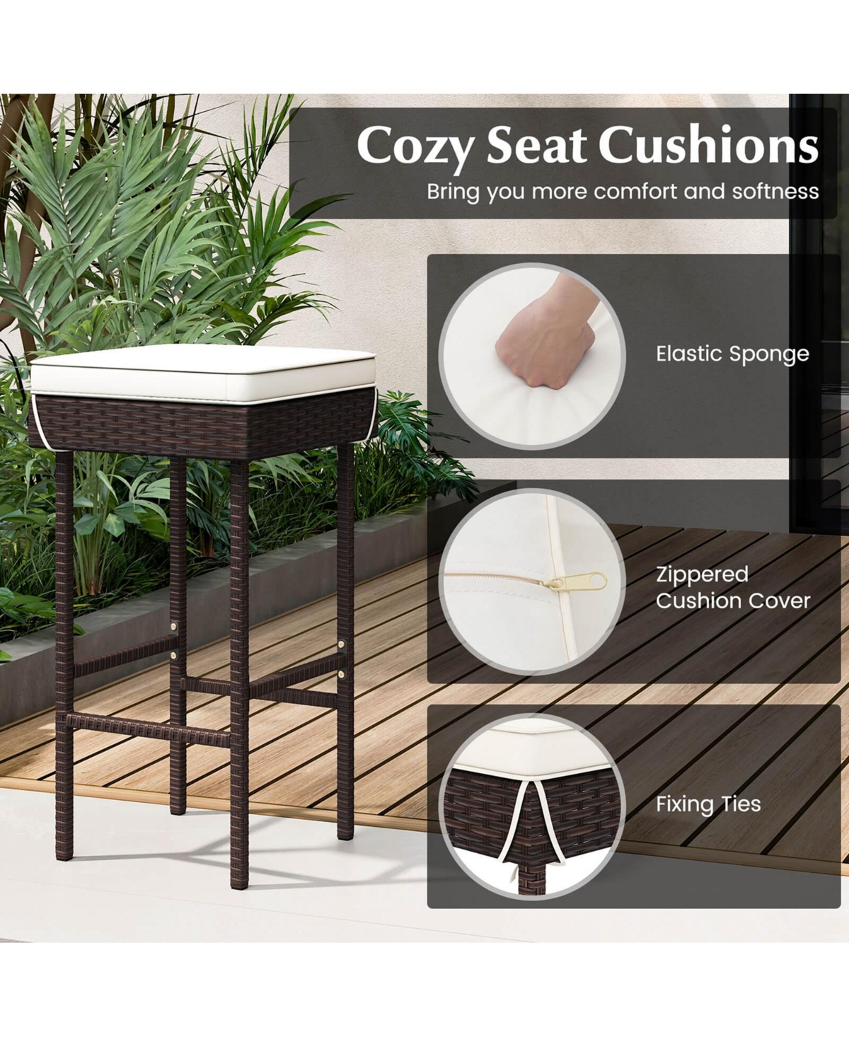 Costway Patio Rattan Barstools Set of 4 Outdoor Wicker Bar Height Chairs with Footrest