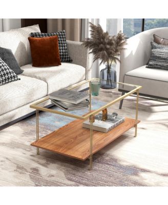 Coffee Table Rectangle Glass Top w/ Storage Shelf & Gold Steel Frame Living Room