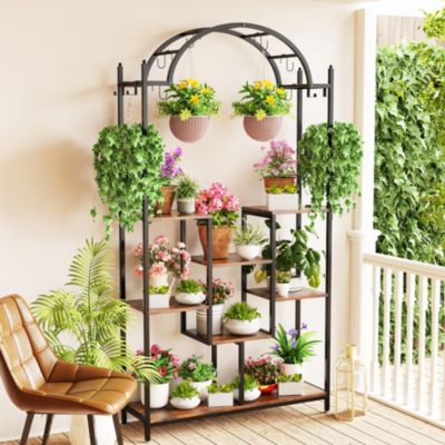 5-Tier Tall Plant Stand  Arched Metal Flower Display Holder Hanging Hooks