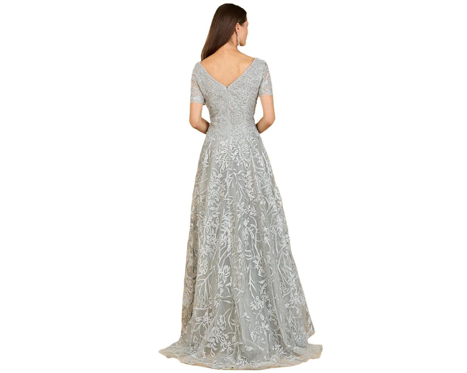 Women's Short Sleeve Lace A-Line Dress with V-Neckline