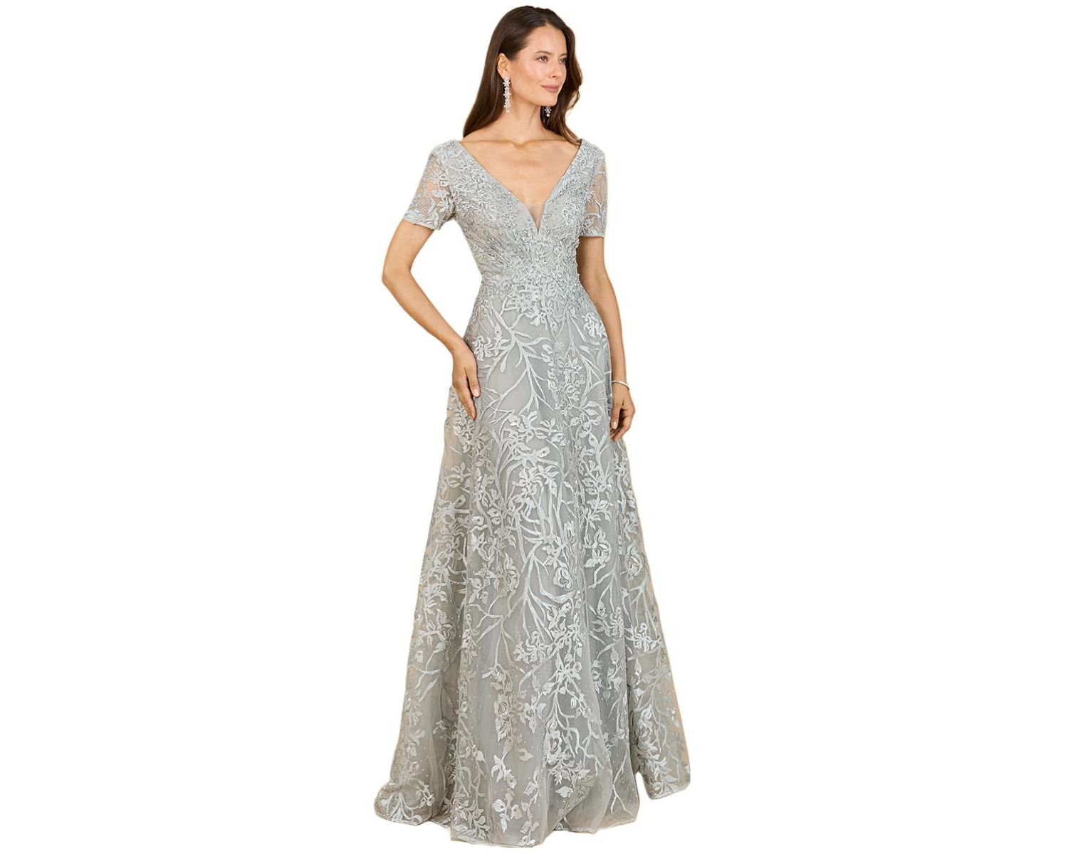 Women's Short Sleeve Lace A-Line Dress with V-Neckline