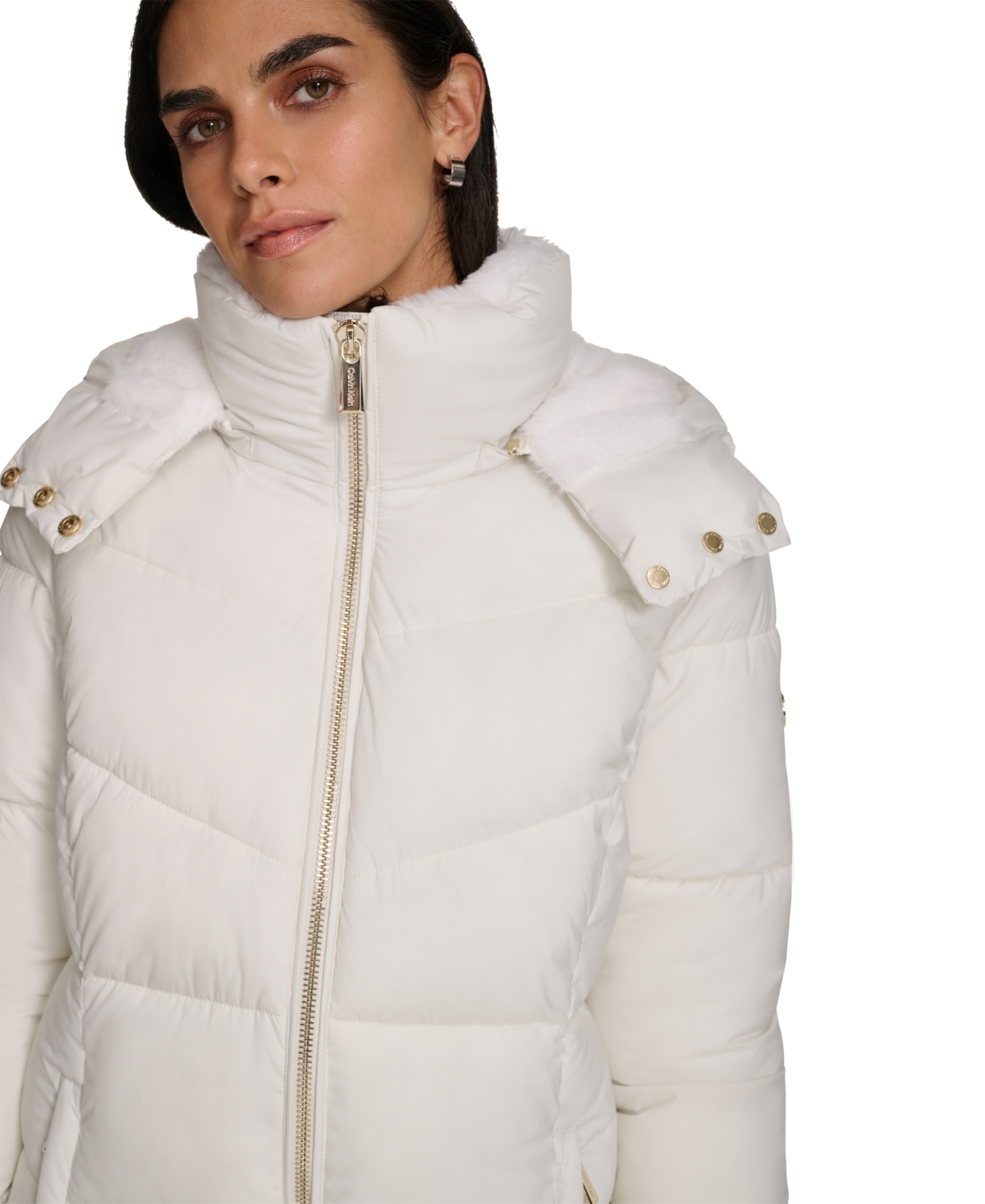 Calvin Klein Faux Shearling Lined Down Puffer Jacket In Eggshell