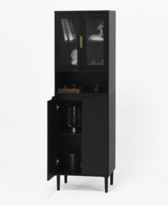 Tall Storage Show Cabinet with 2 Glass Display Door & 2 Doors, Tall Kitchen Pantry Cabinet with Gold Handles, Modern Cabinet Freestanding for Bathroom, Dining Living Room, Black