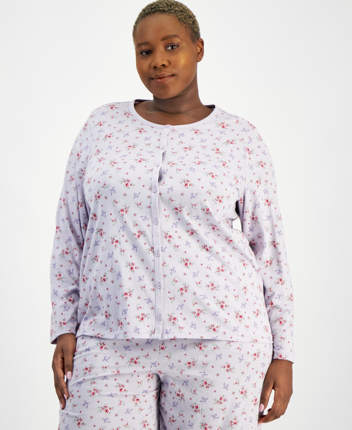 Charter Club Plus Size Cotton Printed Button-Front Pajama Set, Created for Macy's