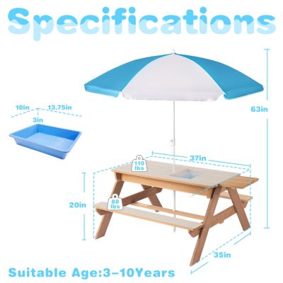 Streamdale Kids Wooden 3-in-1 Picnic Table with Umbrella & Sand/Water Play