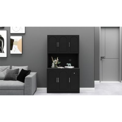 71" Kitchen Pantry Storage Cabinet with Microwave Oven Countertop, Freestanding Hutch Cabinet with Adjustable Shelves, 6 Doors and 1 Drawer-Black