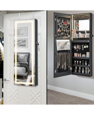 42.5 Inches Lockable Jewelry Mirror Wall Cabinet with 3-Color LED Lights