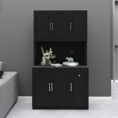 71" Kitchen Pantry Storage Cabinet with Microwave Oven Countertop, Freestanding Hutch Cabinet with Adjustable Shelves, 6 Doors and 1 Drawer-Black