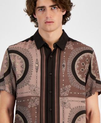 GUESS Men's Short Sleeve Button Front Medallion Print Shirt