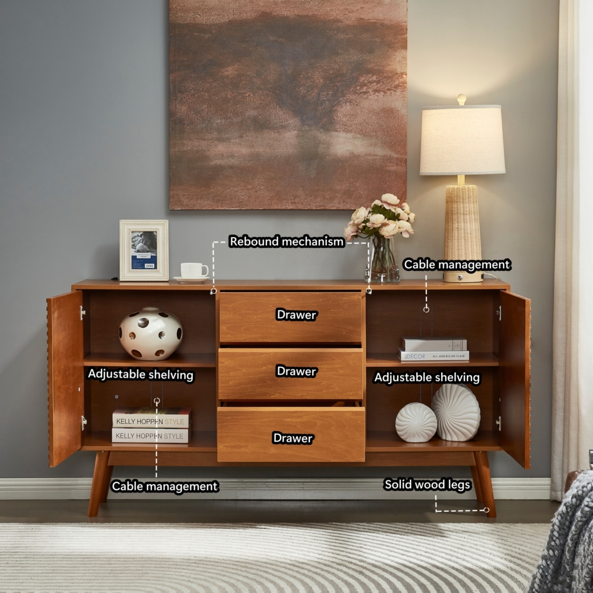 Streamdale Furniture JaydenMax Modern Wood Tv Stand, Entertainment Center for TVs up to 65", Sideboard Buffet Cabinet Credenza, Slatted Media Console
