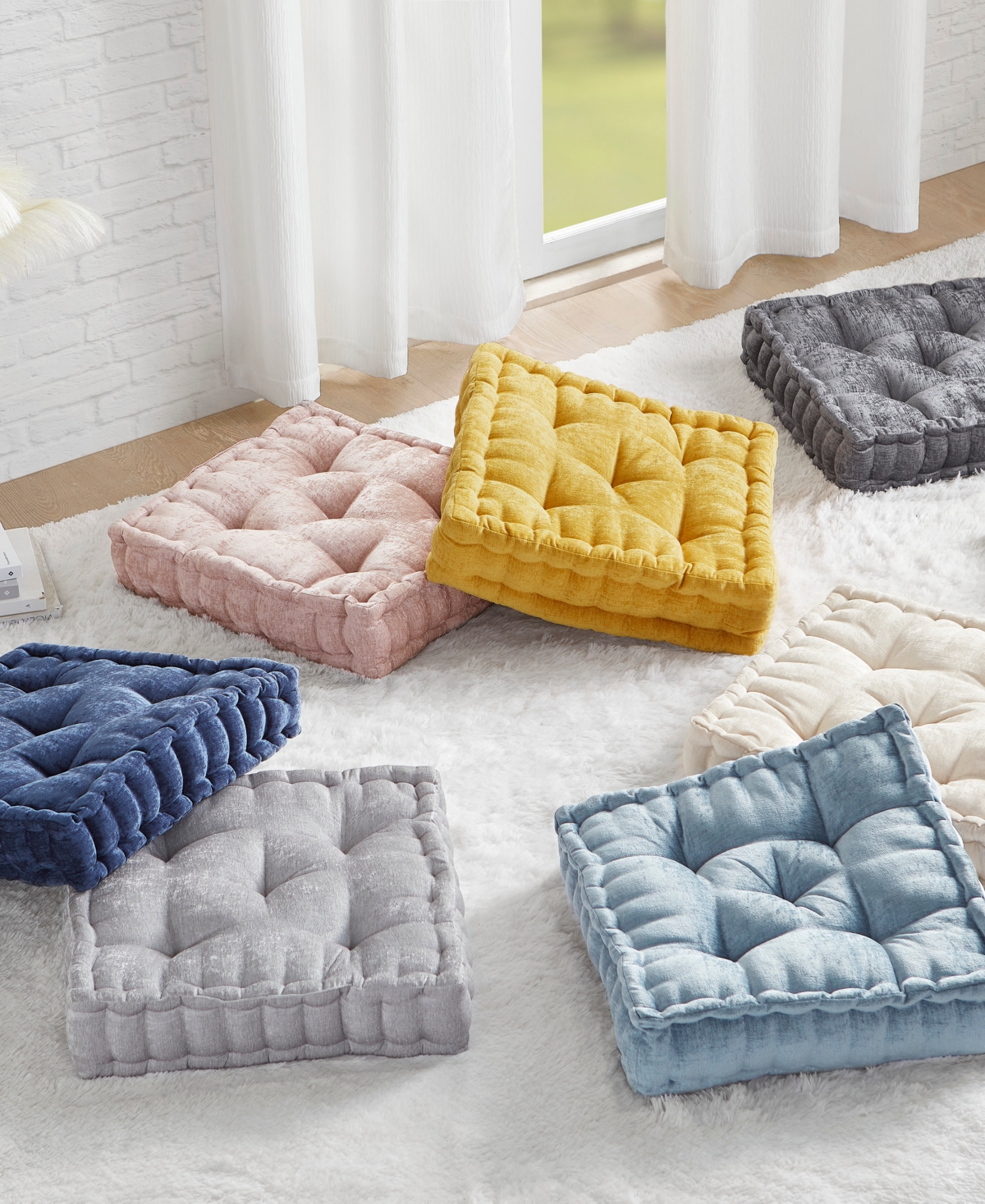 Intelligent Design Azza Chenille Decorative Floor Pillow, 20" X 20" In Yellow