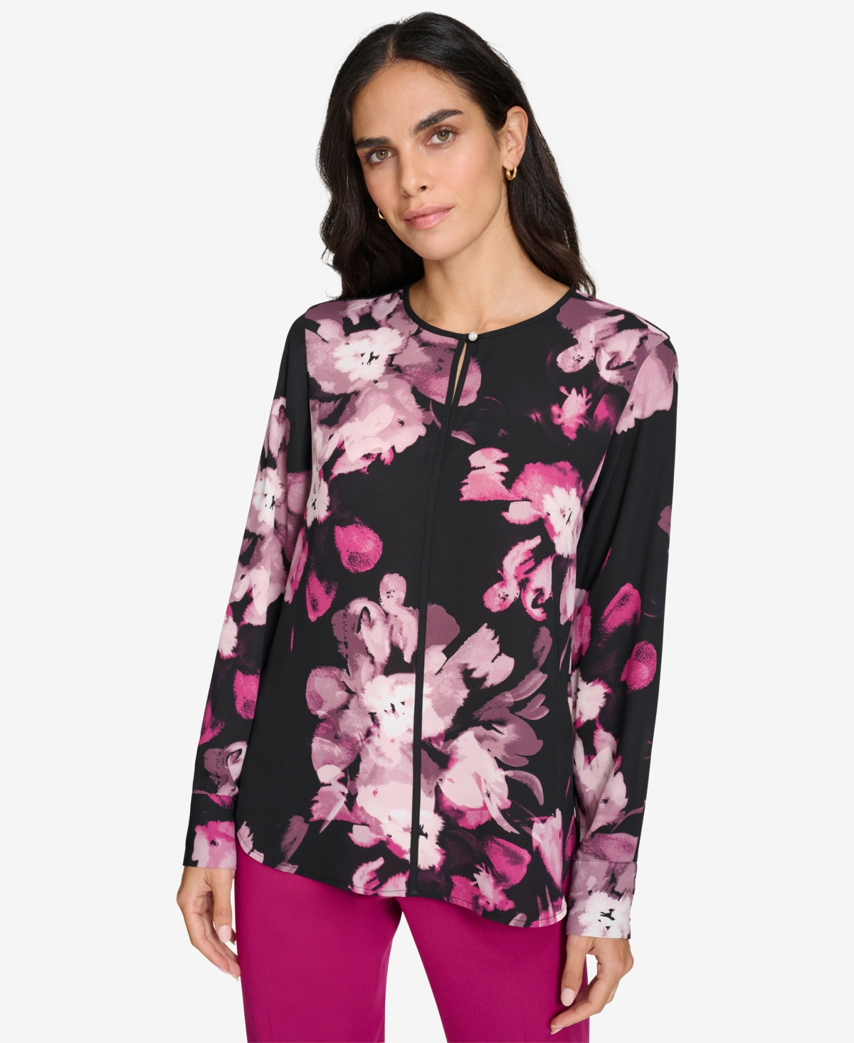 Shop Calvin Klein Women's Petite Keyhole Long-sleeve Blouse In Black Multi