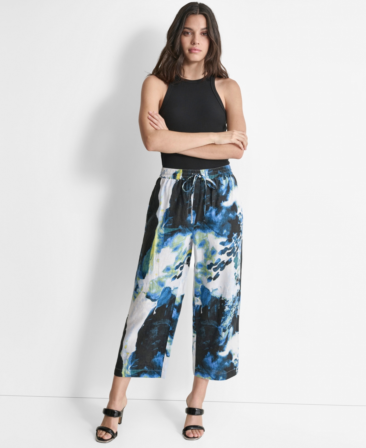 Dkny Floral Print Straight Leg Linen Ankle Pants In Abstr Peac