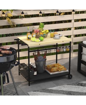 Outdoor Bar Cart, Patio Rolling Serving Cart with Wheels, Side Handle, 2 Baskets, 4 Wine Holders for Garden, Dining Room, Natural