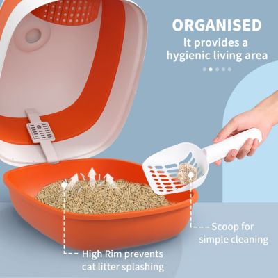 Cat Litter Box with Lid, Covered Litter Box w/ High Sides, Air Freshener, Large Two-Way Entrance Kitty Litter Box, Foldable, Easy Clean, Orange, and Black