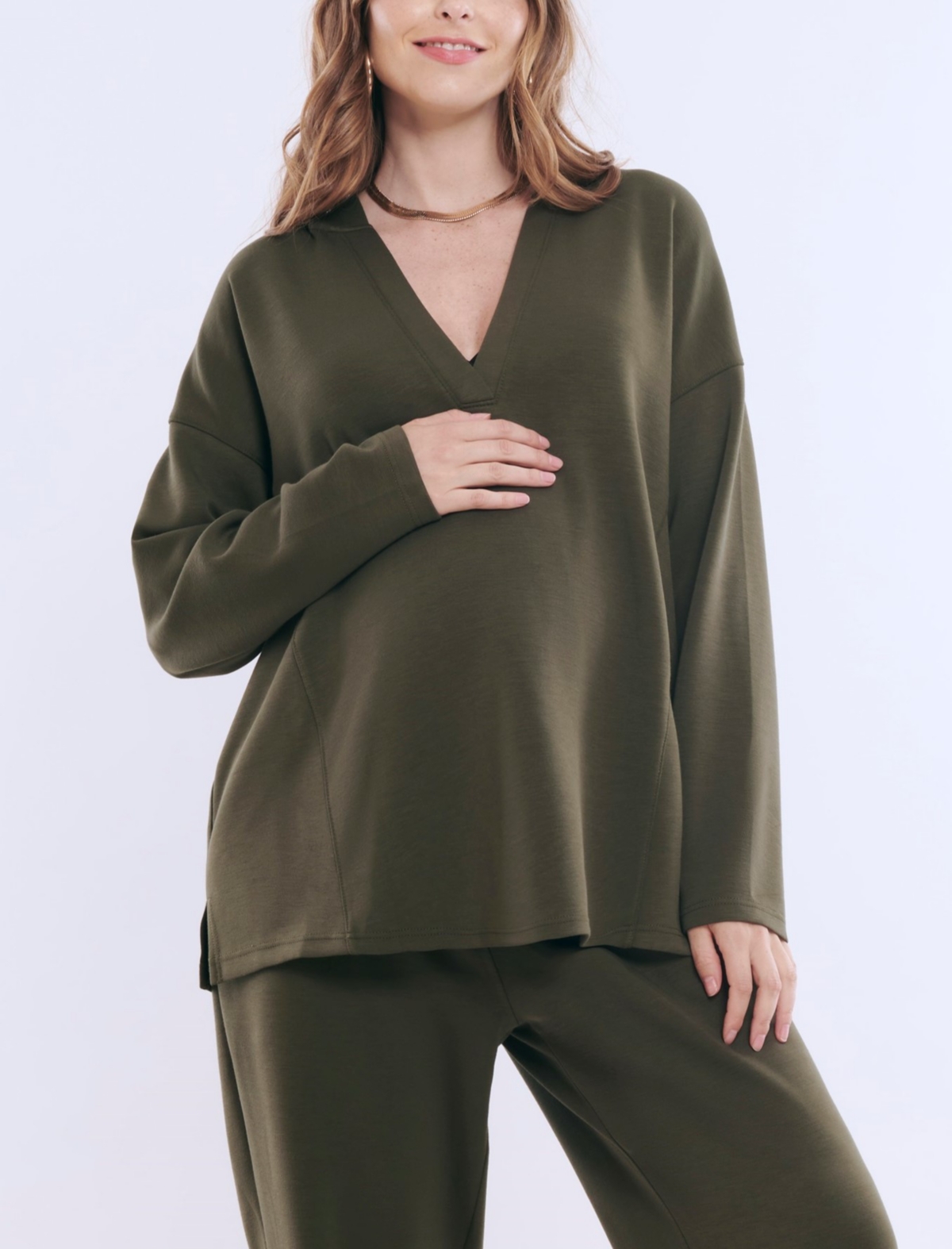 Maternity V-Neck Pullover Scuba Hoodie - Motherhood - Deep depths