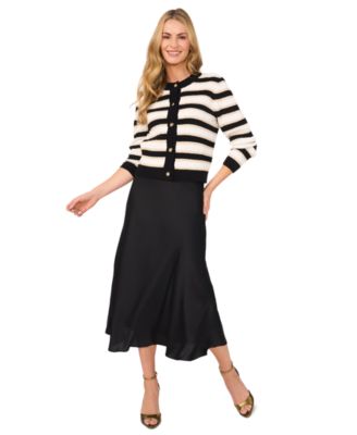 Womens Striped Cardigan Sweater Satin Midi Skirt