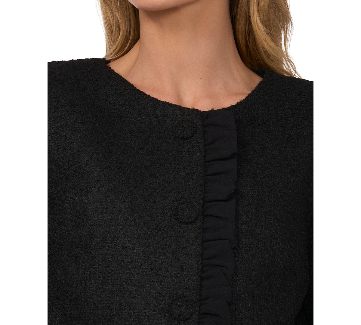 Shop Cece Women's Ruffle-trim Boucle Button-front Cropped Jacket In Rich Black