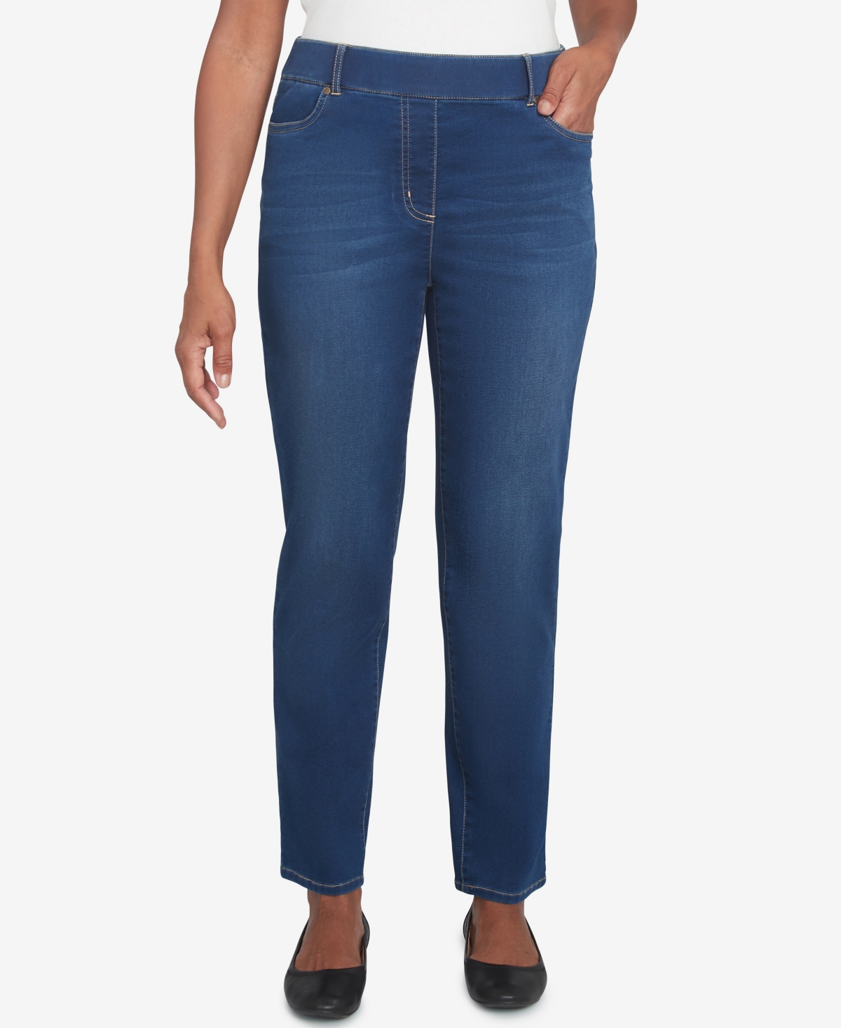 Alfred Dunner Petite Harvest Moon Super Stretch Elastic Faux Fly Denim Short Length Pants In Dark Indigo
