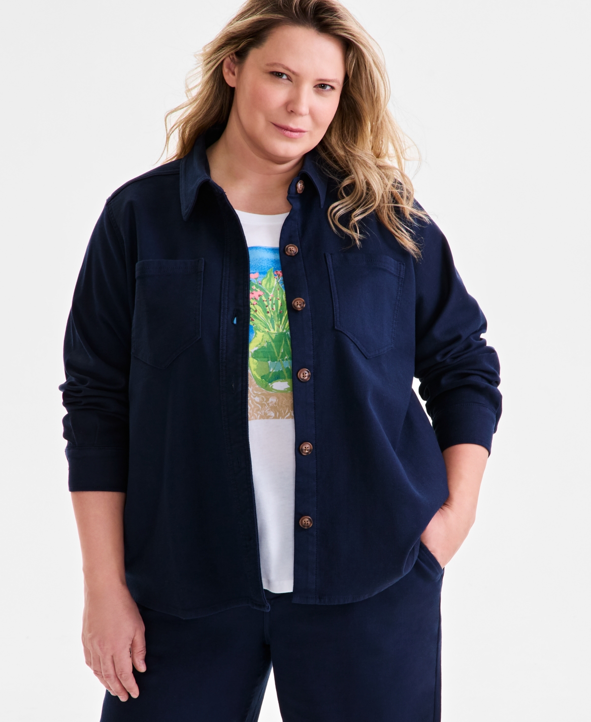 Style & Co Style Co Plus Size Dobby Twill Shacket Graphic Print Tee Wide Leg Pants Exclusively At Macys In Industrial Blue