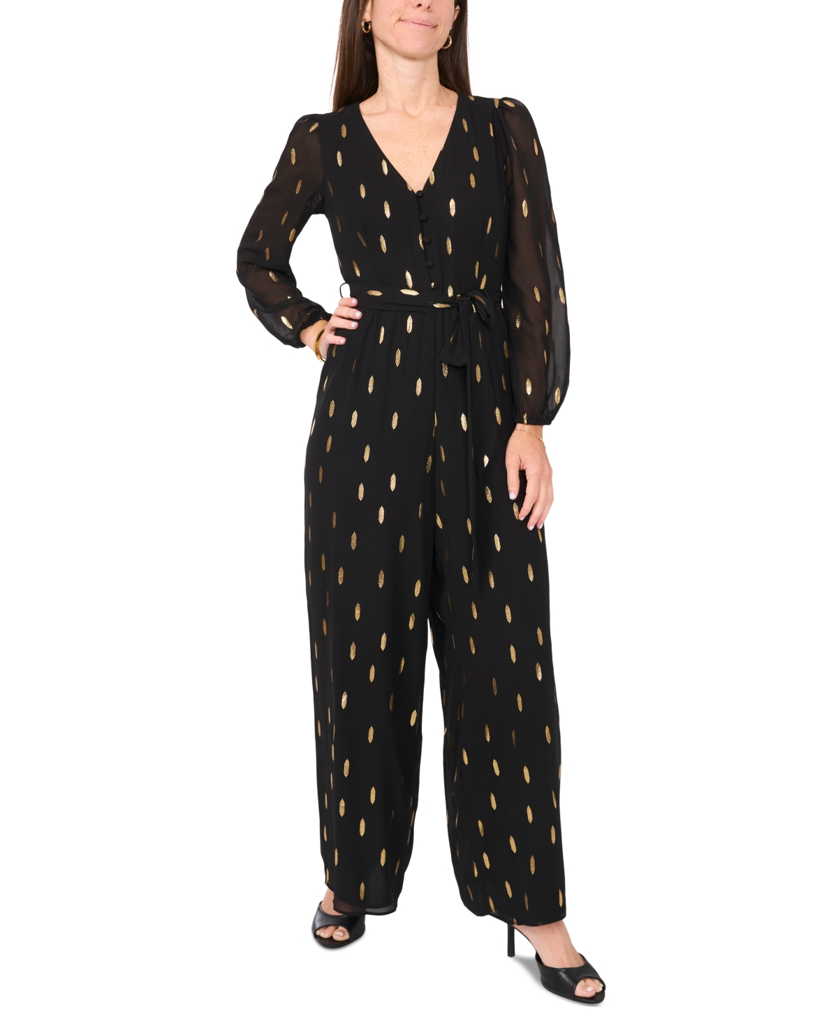 Petite Long-Sleeve V-Neck Chiffon Jumpsuit - Black Gold